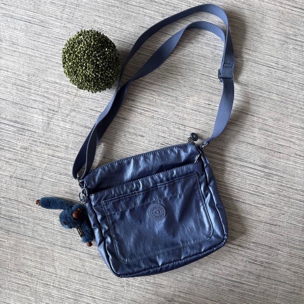 Kipling Sebastian Crossbody Bag Metallic Violet Shimmer Nylon Purse with Monkey